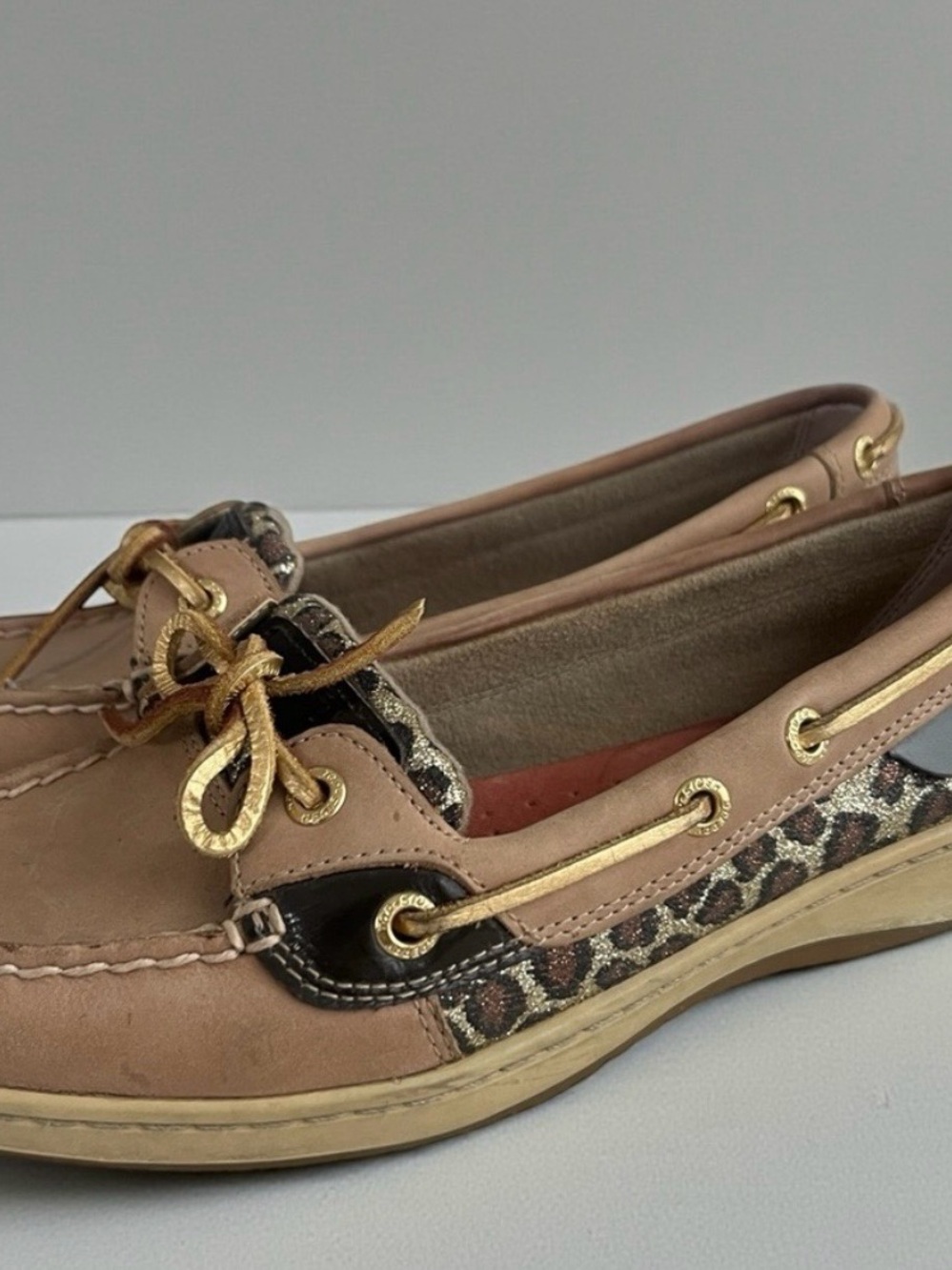 Sperry Blush Leather Boat Shoes with Leopard Trim - Picture 2 of 4